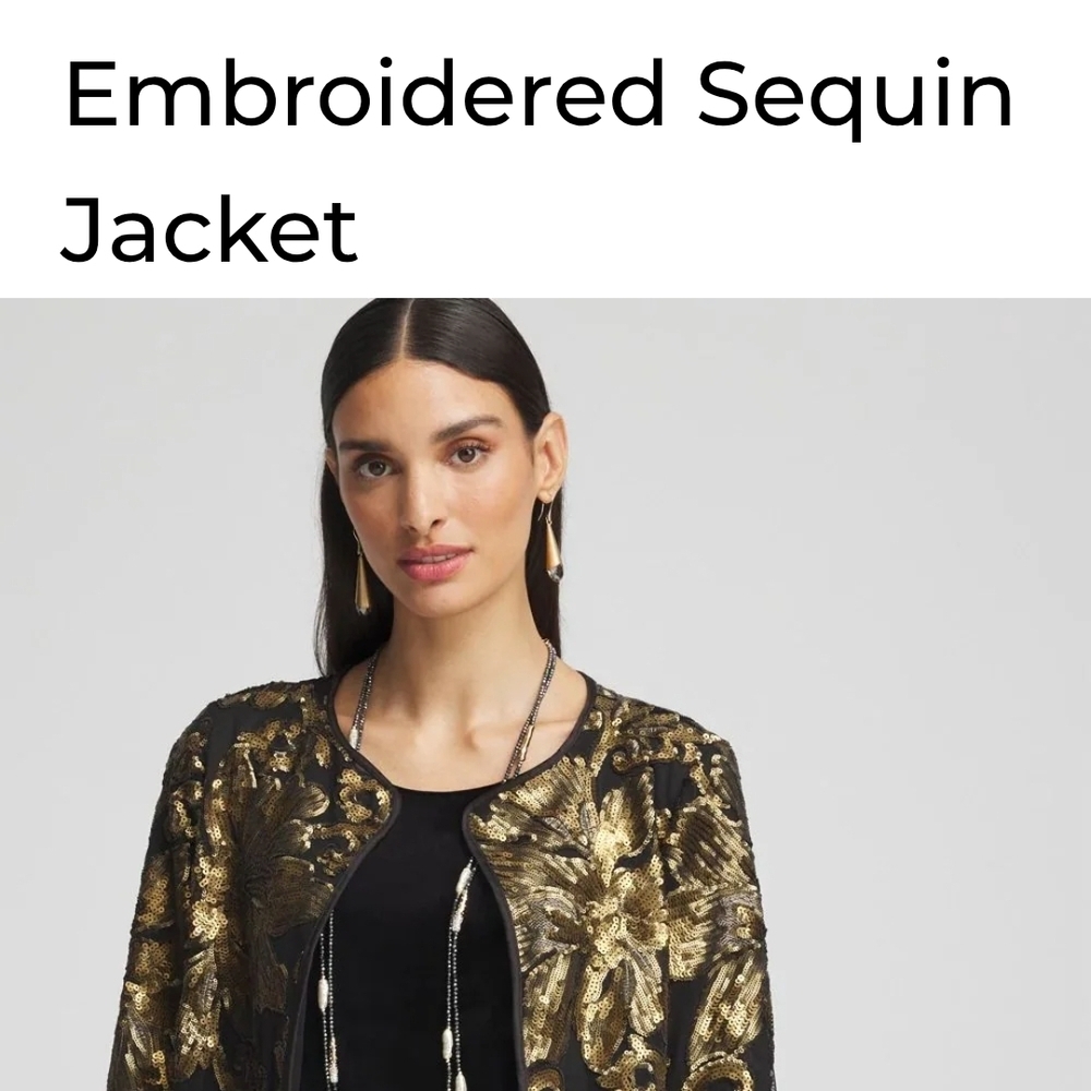 Chico's Black and Gold Embroidered Sequin Jacket Size 4 - Picture 2 of 16